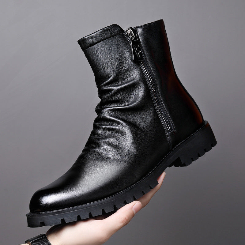 Men's Leather Boots – Patent Finish, Side Zip, Wool Lining