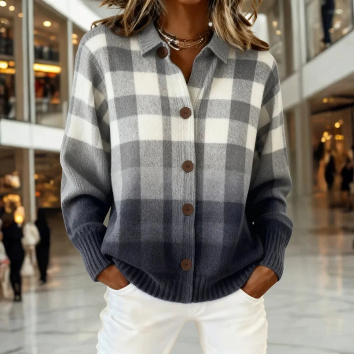 Women's Plaid Cardigan – Lightweight Woven Fabric, Regular Fit