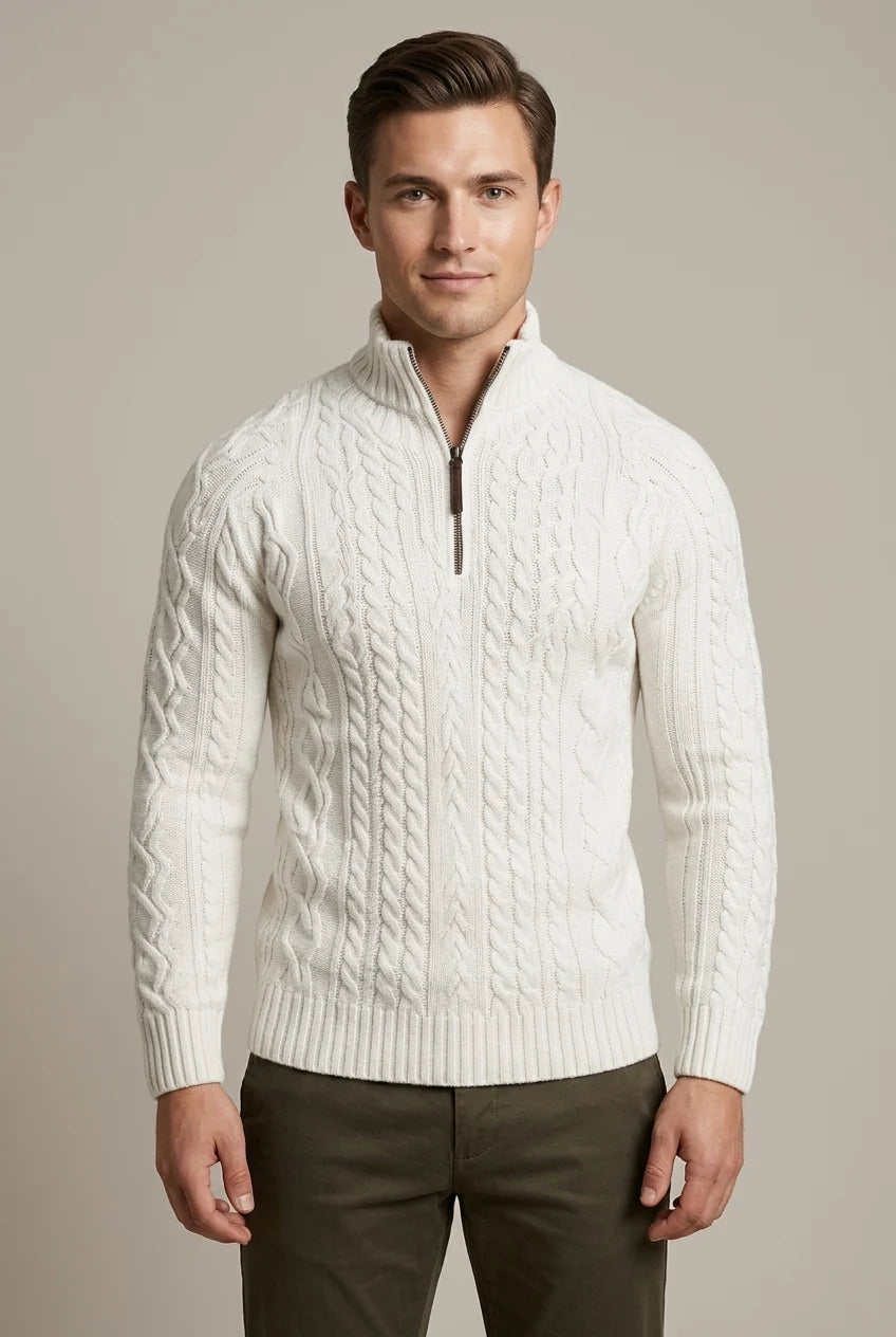 Men's Sweater with Zippered Collar – Thick Cable Knit