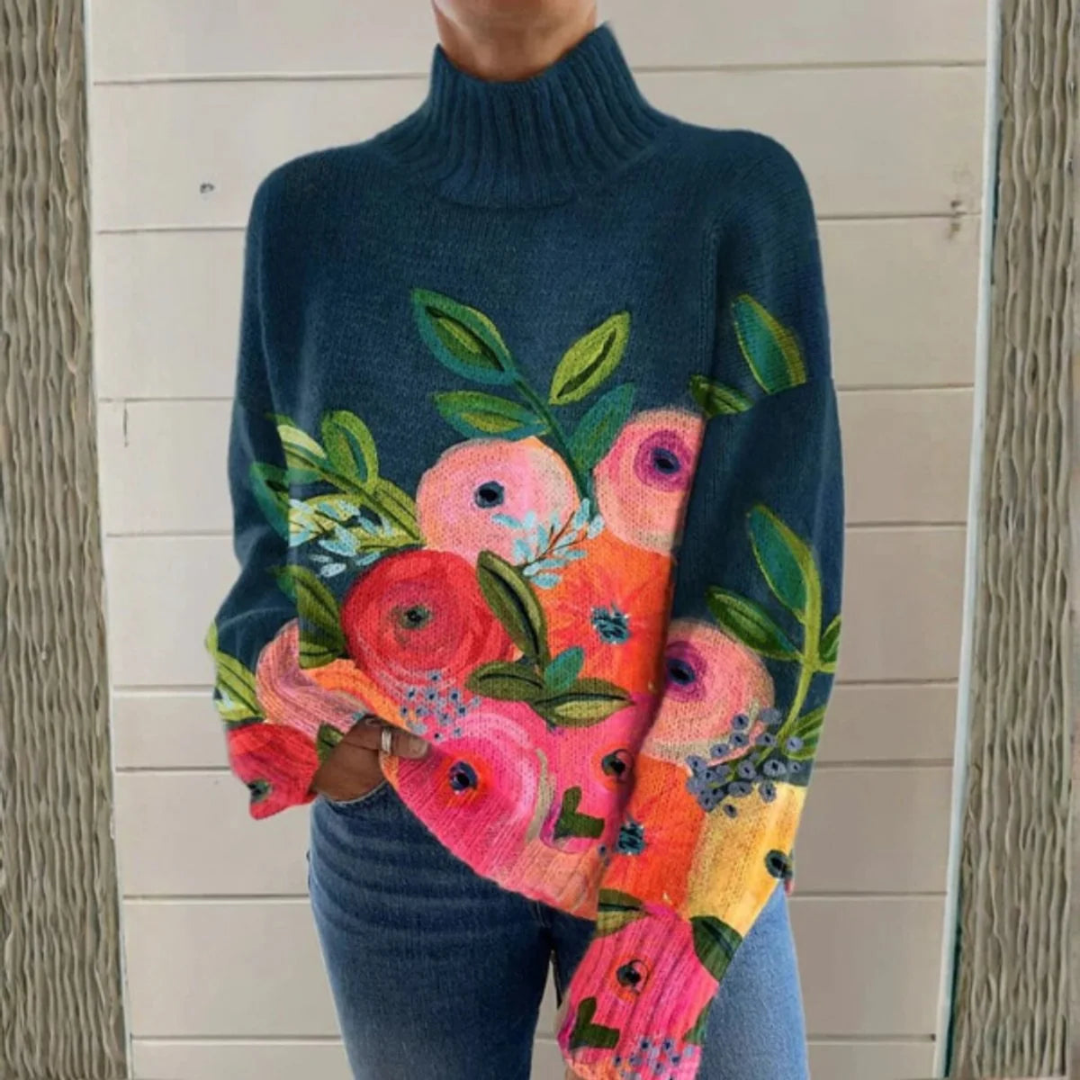 Women's Turtleneck Sweater – Relaxed Fit with 3D Floral Pattern