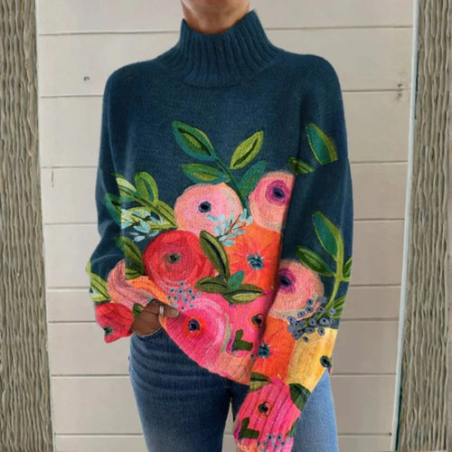 Women's Turtleneck Sweater – Relaxed Fit with 3D Floral Pattern