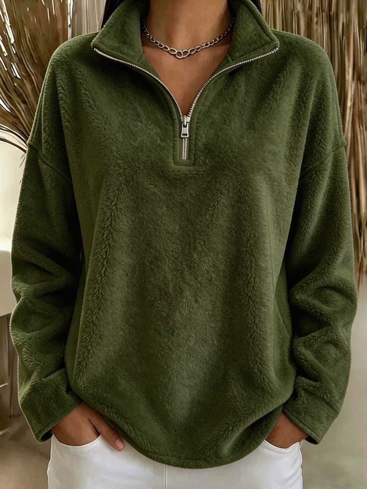 Women's Fleece High-Neck Sweatshirt – Casual Zip-Up Sweater