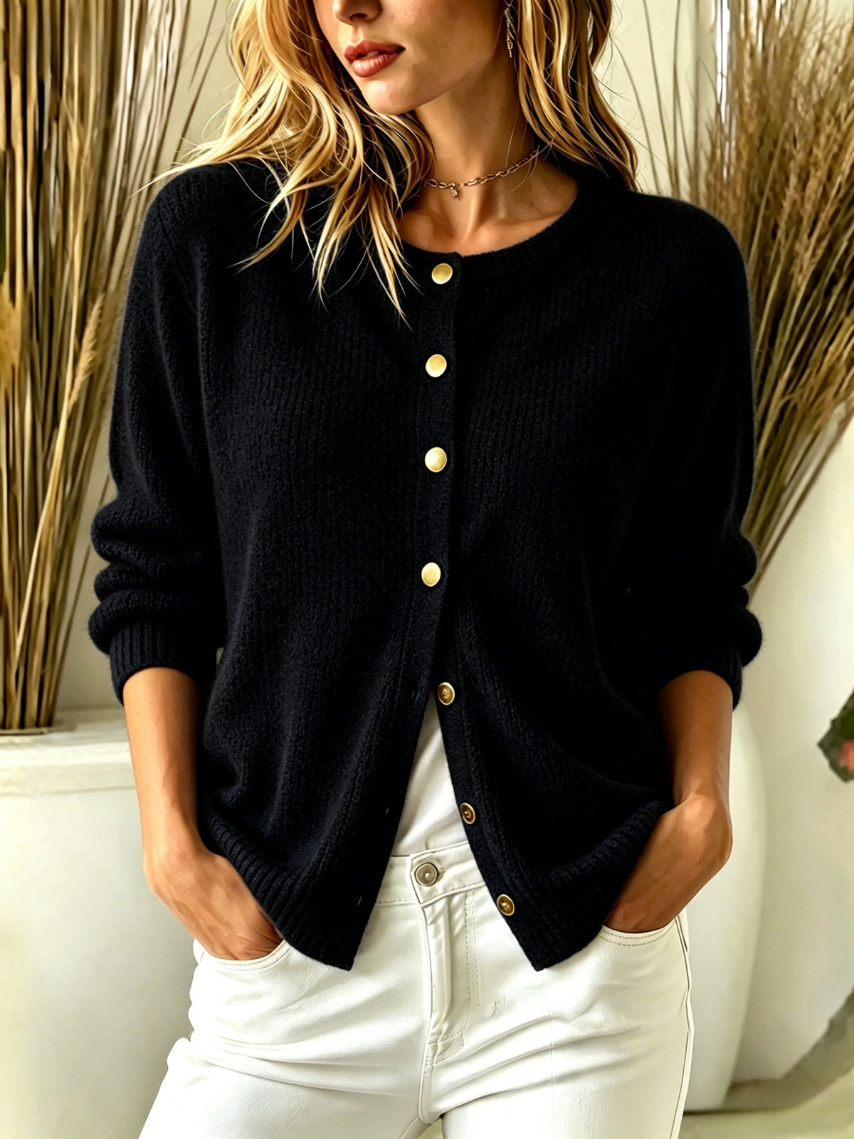 Women's Buttoned Cardigan – Classic Round Neck, Straight Fit