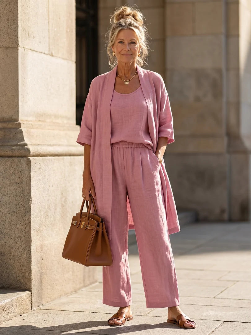 Women's Three-Piece Set – Mid-Length Cardigan, Tank Top and Straight-Leg Trousers