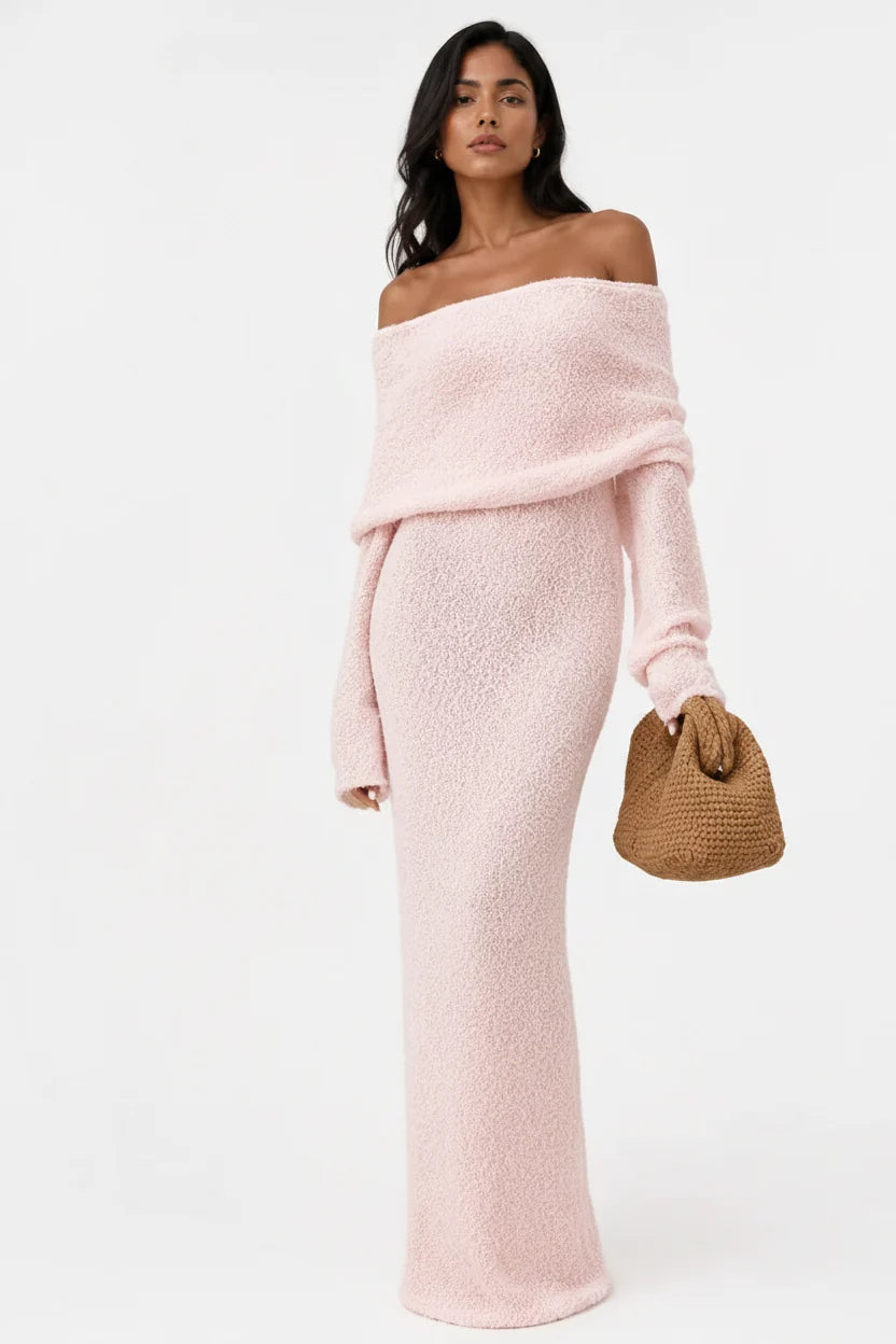 Women's Maxi Dress with Bare Shoulders – Large Draped Lapel, Flared Sleeves