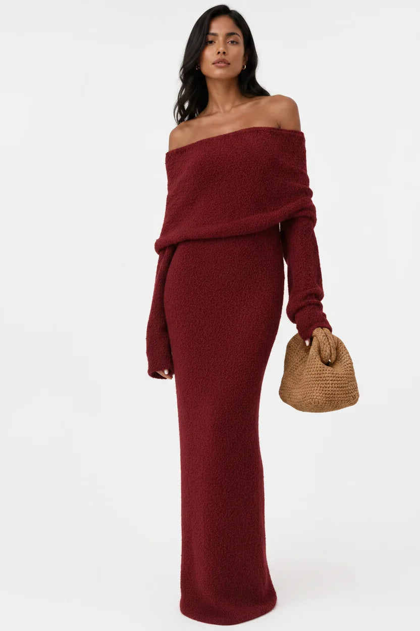 Women's Maxi Dress with Bare Shoulders – Large Draped Lapel, Flared Sleeves
