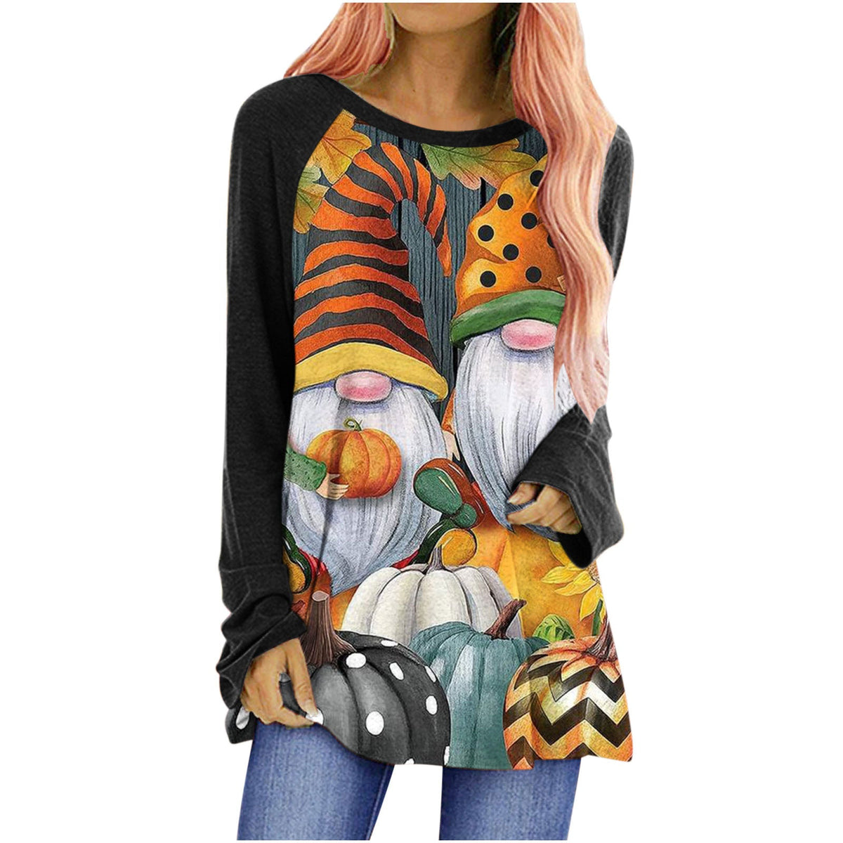 Women's Long-Sleeved Halloween Top - Casual Crew Neck with Graphic Design