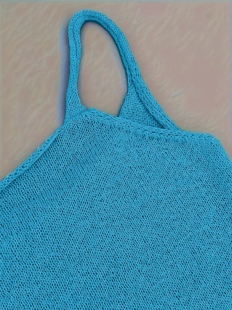Women's Mini Knit Dress – Thin Straps and Open Back
