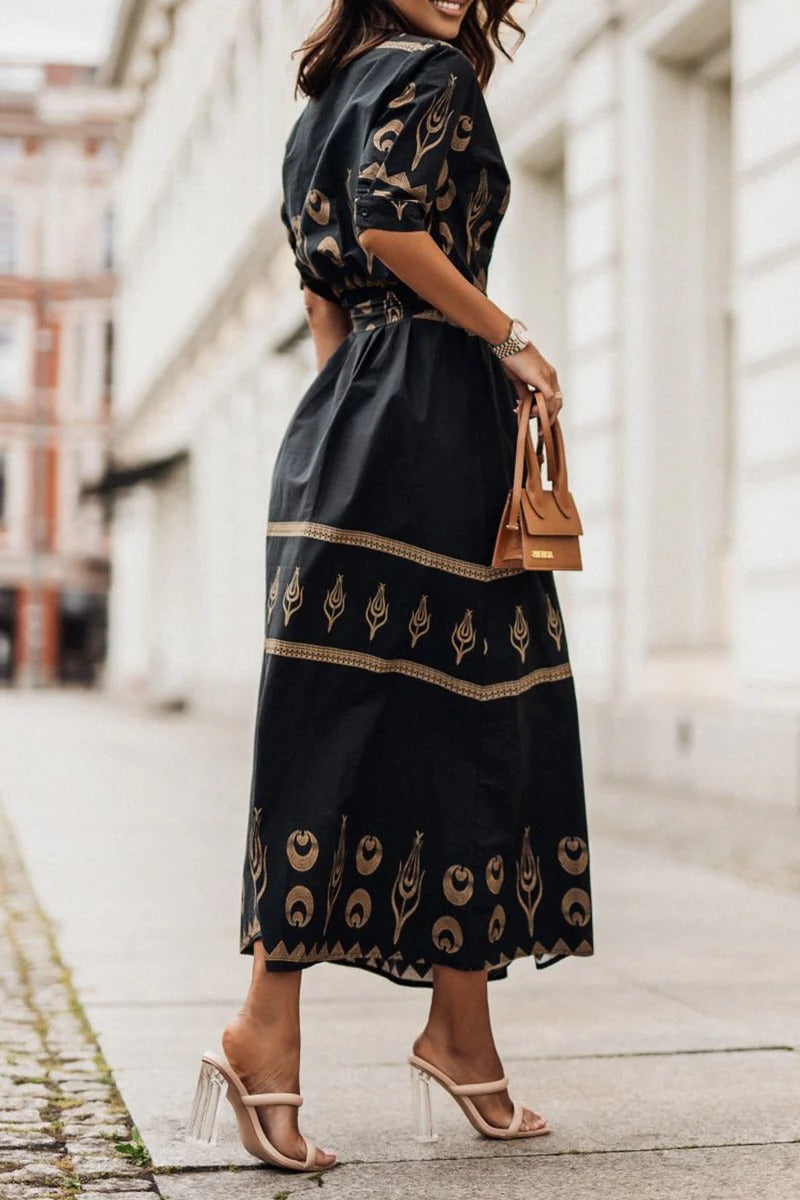 Women's Bohemian Midi Dress in Lightweight Fabric – Defined Waist Fluid Silhouette