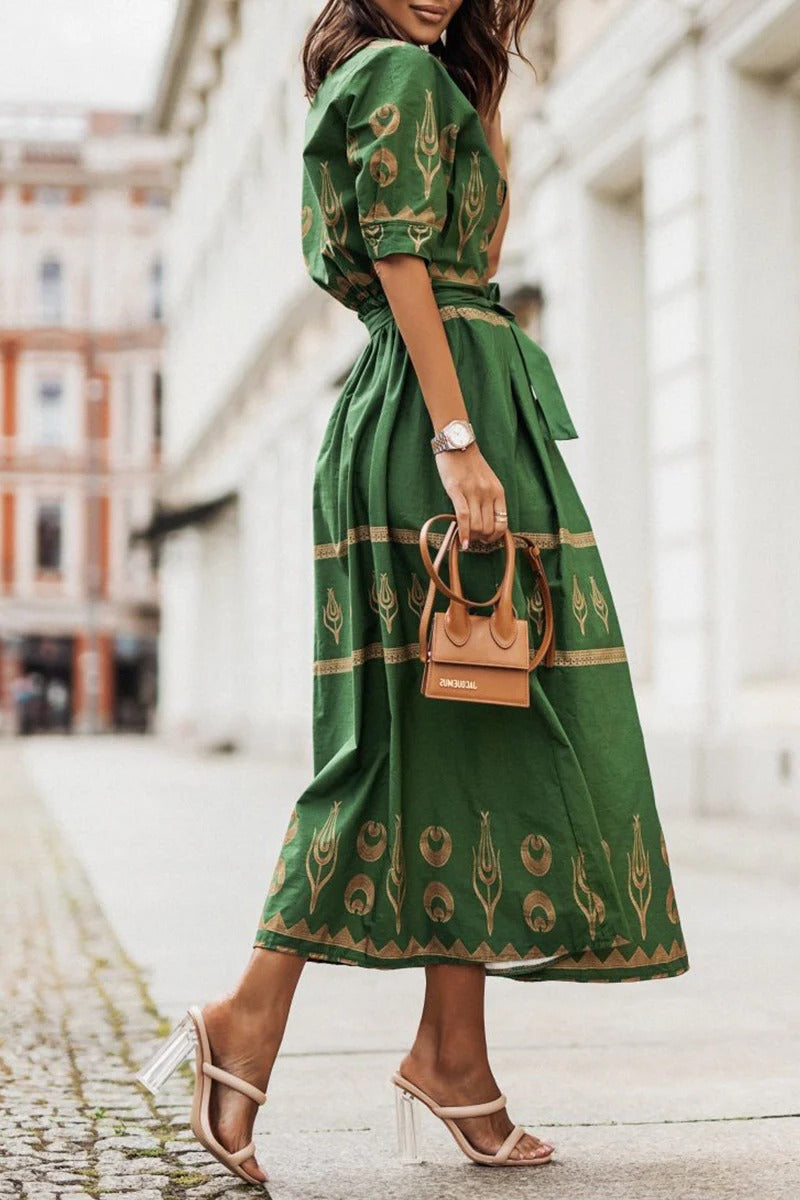 Women's Bohemian Midi Dress in Lightweight Fabric – Defined Waist Fluid Silhouette
