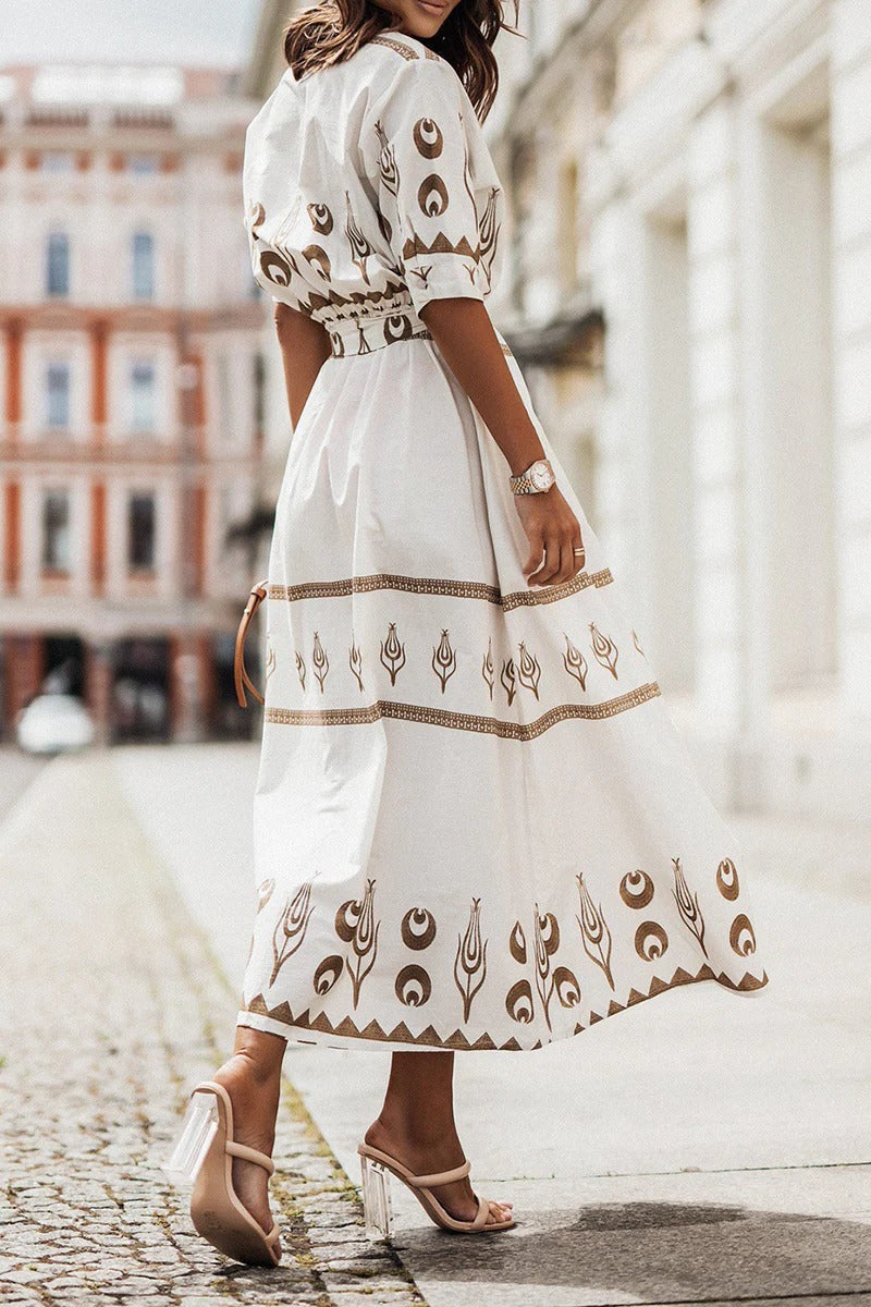 Women's Bohemian Midi Dress in Lightweight Fabric – Defined Waist Fluid Silhouette