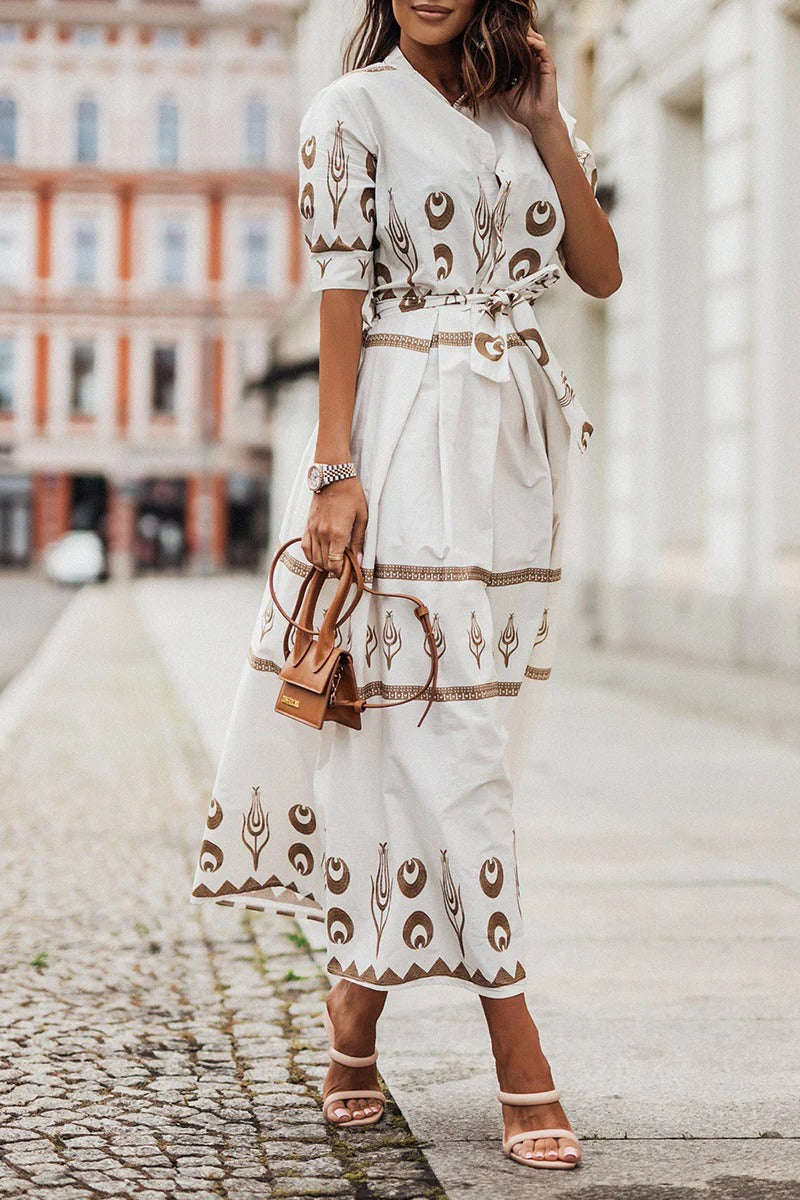 Women's Bohemian Midi Dress in Lightweight Fabric – Defined Waist Fluid Silhouette