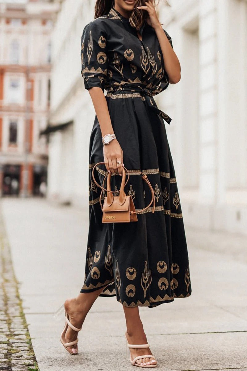 Women's Bohemian Midi Dress in Lightweight Fabric – Defined Waist Fluid Silhouette