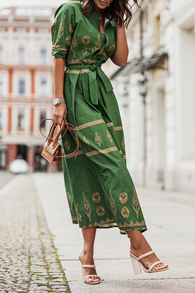 Women's Bohemian Midi Dress in Lightweight Fabric – Defined Waist Fluid Silhouette
