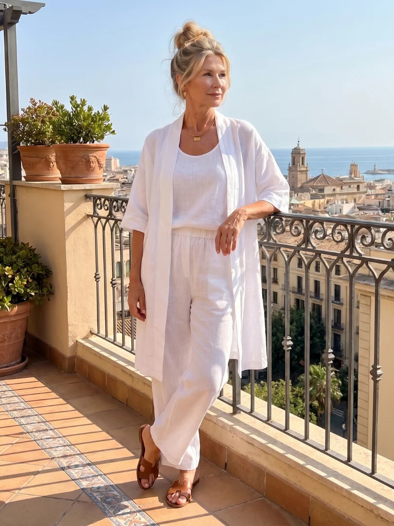 Women's Three-Piece Set – Mid-Length Cardigan, Tank Top and Straight-Leg Trousers