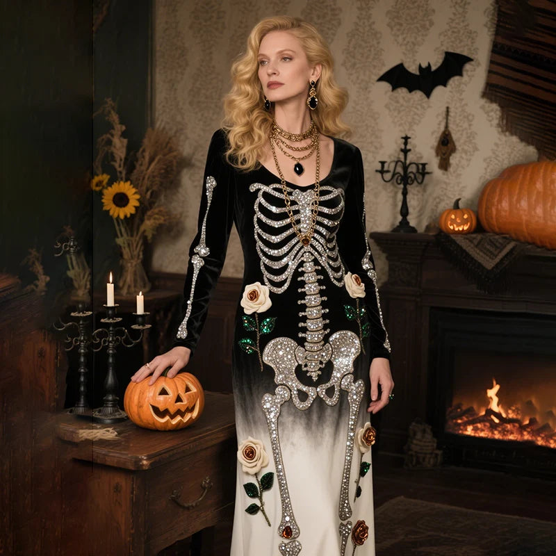 Women's Maxi Dress with Halloween Witch Print - Straight Autumn Fit