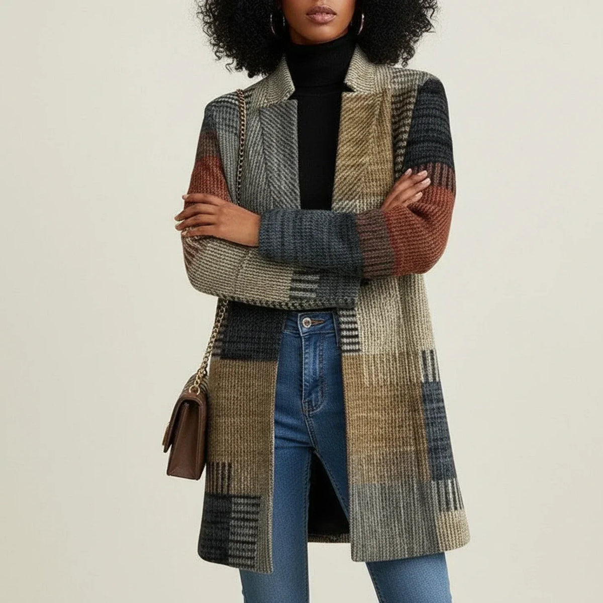 Coat for Women – Textured Plaid Patchwork, Tailored Collar