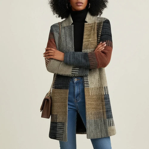 Coat for Women – Textured Plaid Patchwork, Tailored Collar