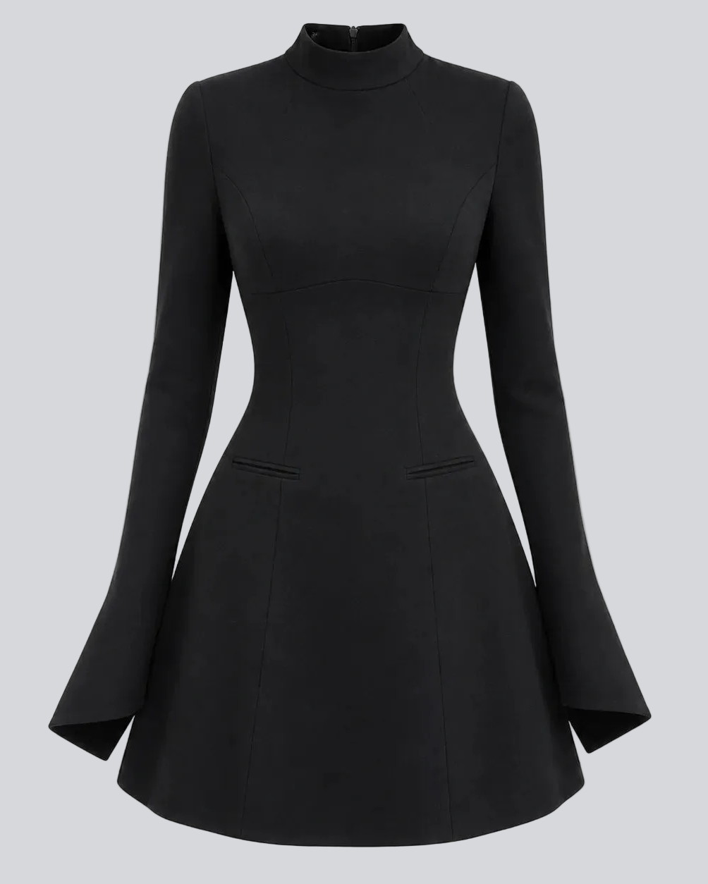 Mini A-Line Dress for Women - Long Sleeves, High Waist, Open Back