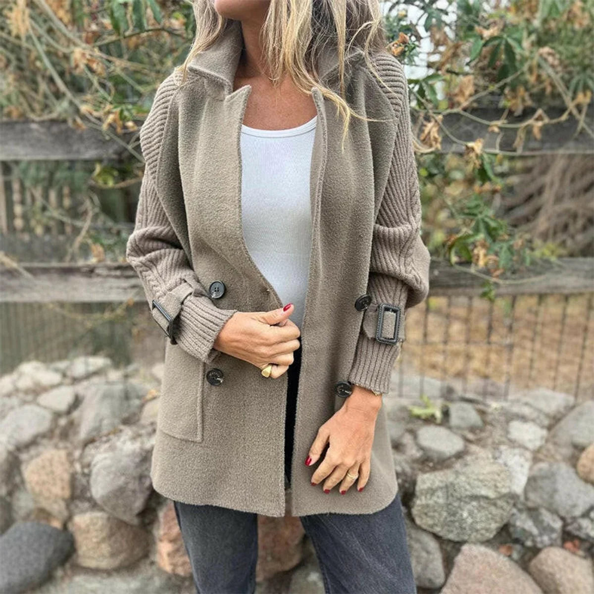 Women's Mid-Length Knitwear Coat – Textured Flared Sleeves