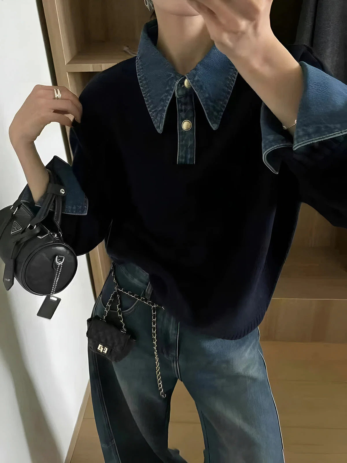 Women's Layered-Effect Knit Sweater – Denim Shirt Collar