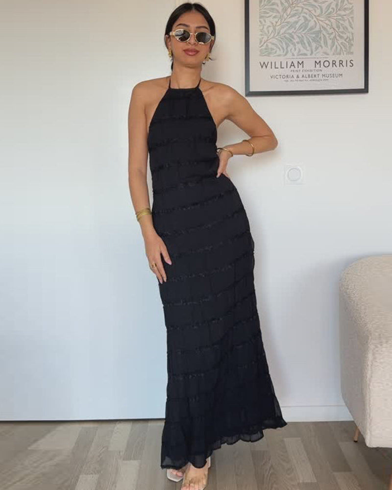Women's Striped Pleated Maxi Dress – Elegant Halter Open Back