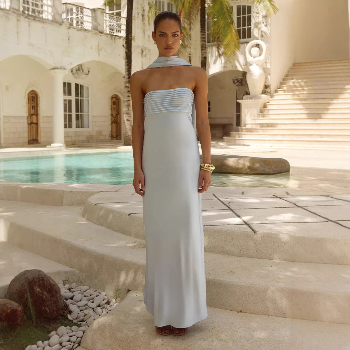 Women's Satin Maxi Dress – High Waist Lace Detail