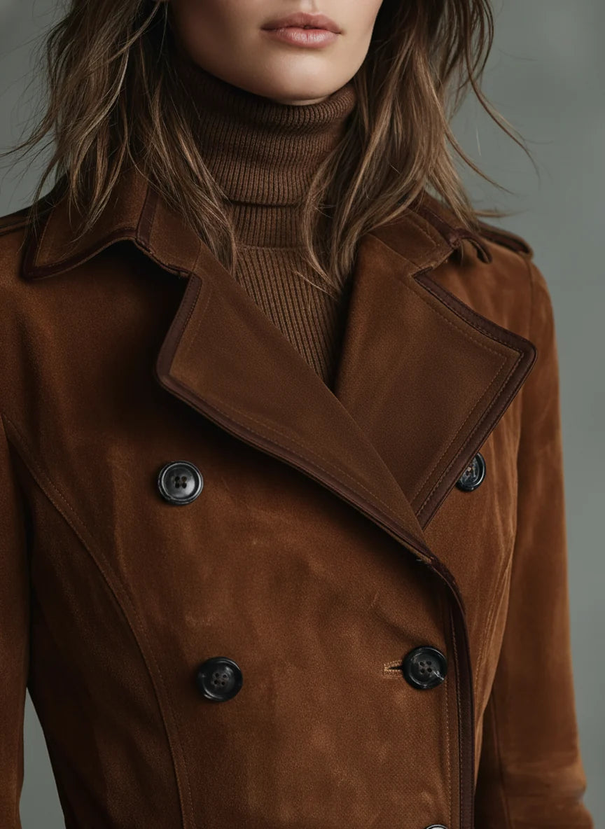 Women's Long Faux Suede Coat – Modern Notched-Collar Silhouette
