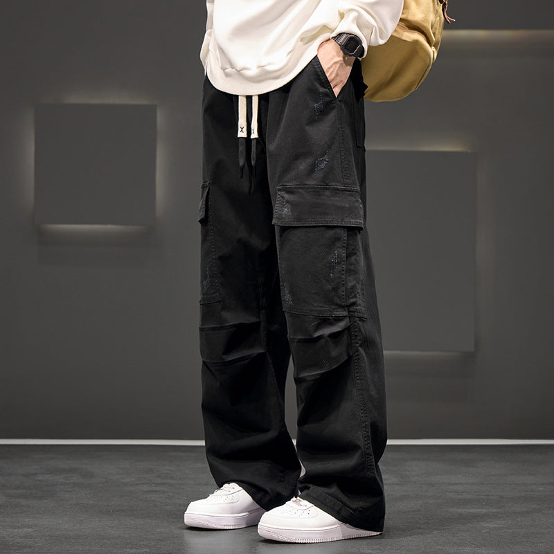 Men's Wide Cargo Pants – Lightweight Textured Fabric with Elastic Waistband