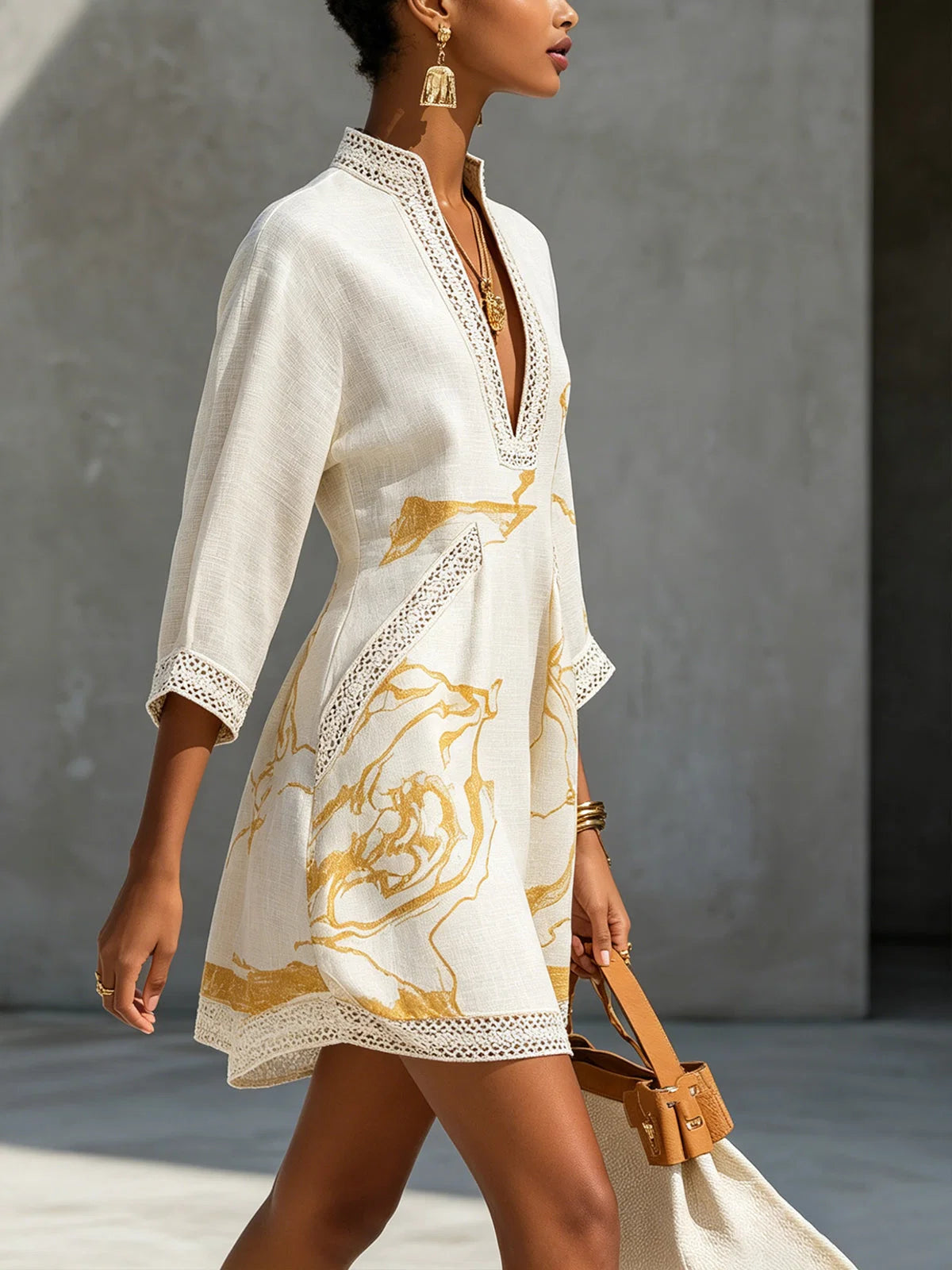 Women's Mini Dress V-Neck Lace – Casual Three-Quarter Sleeves