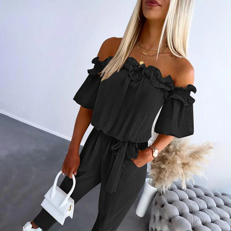 Women's Jumpsuit Smooth Fabric – Off-Shoulder, Ruffles, Tapered Fit