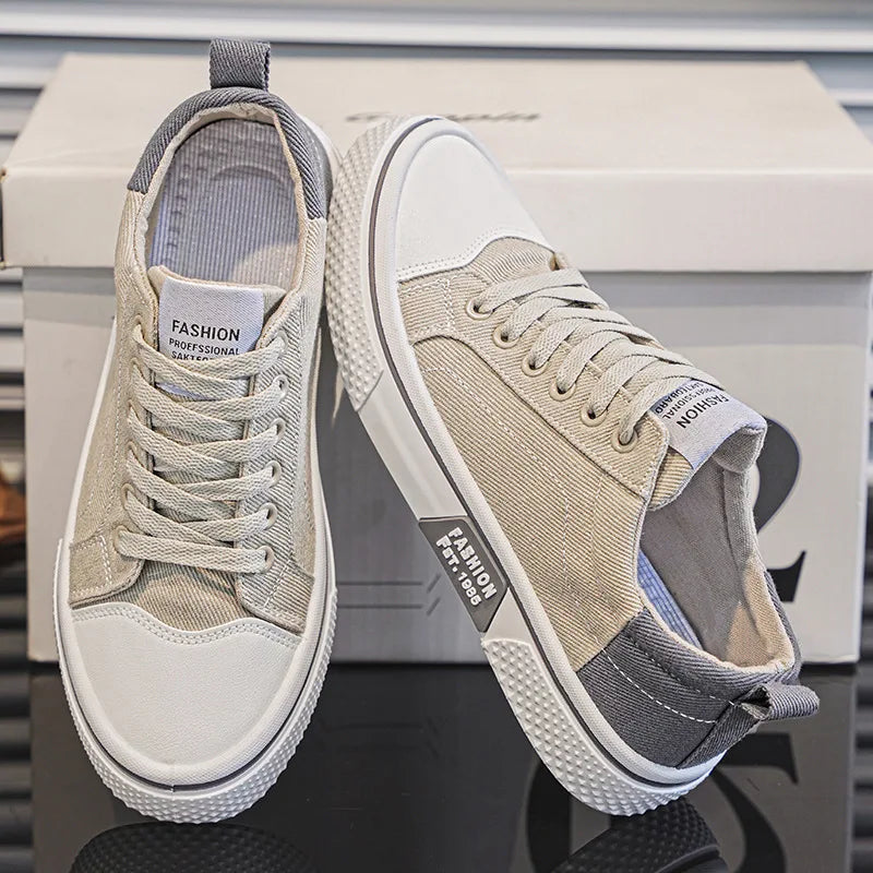 Men's Canvas Sneakers – Textured Finish, Contrasting Panel, Low Design
