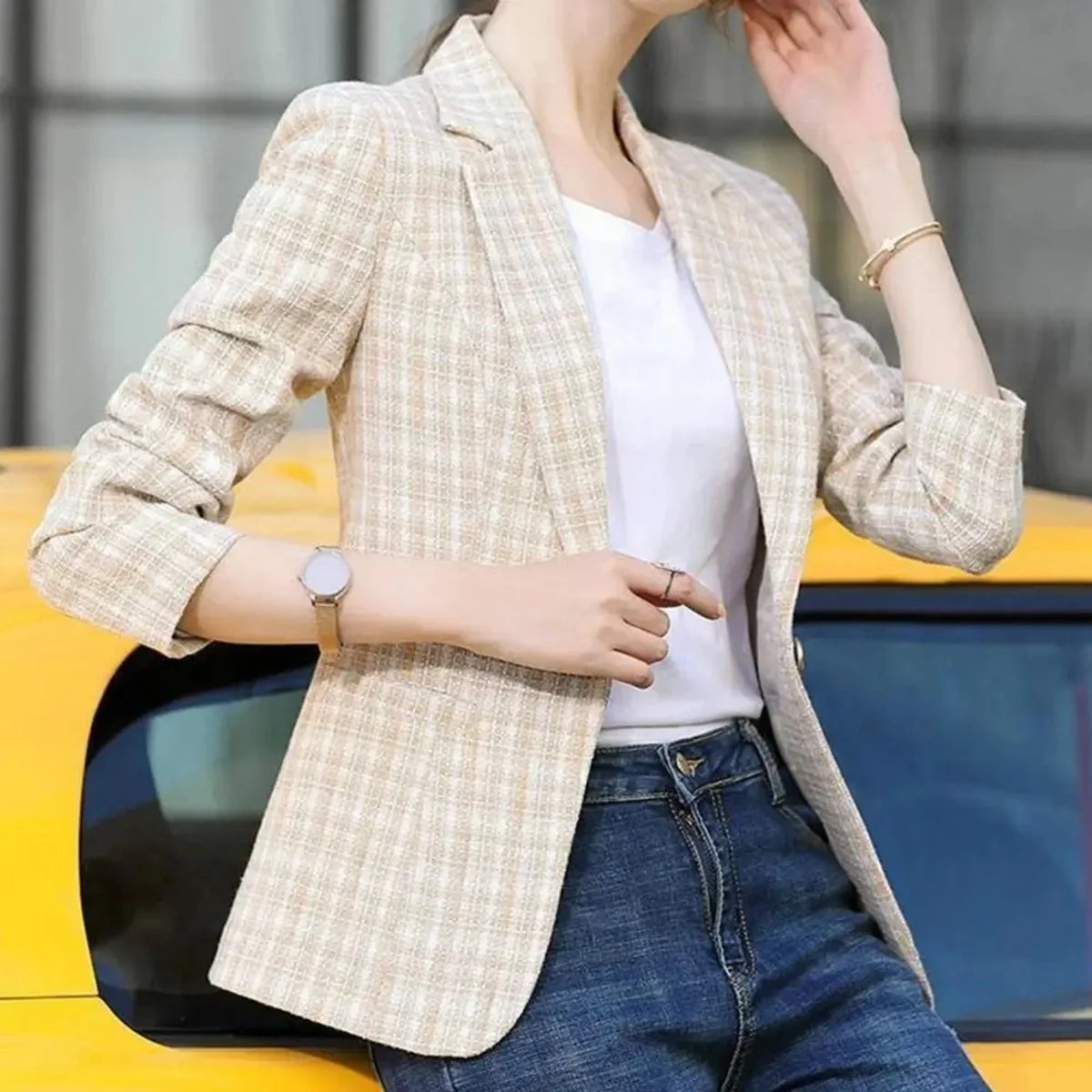 Women's Plaid Blazer - Structured cropped fit