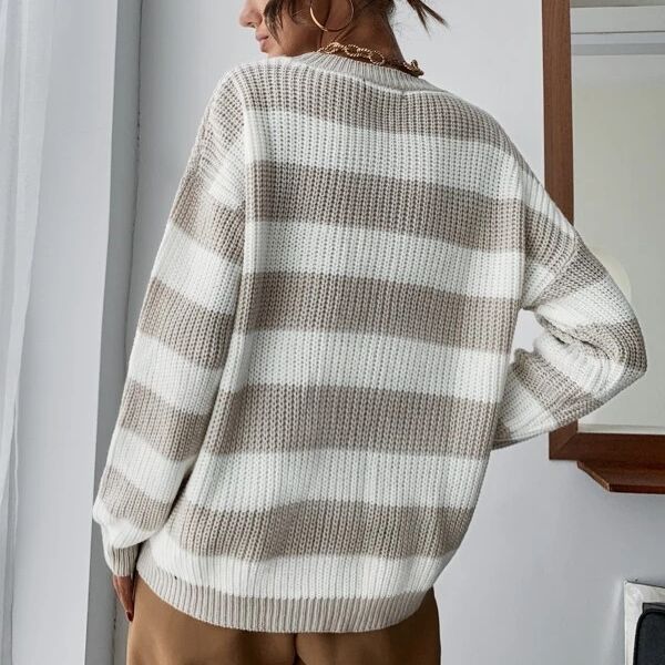 Women's Knitted Striped Sweater - Relaxed Loose Fit