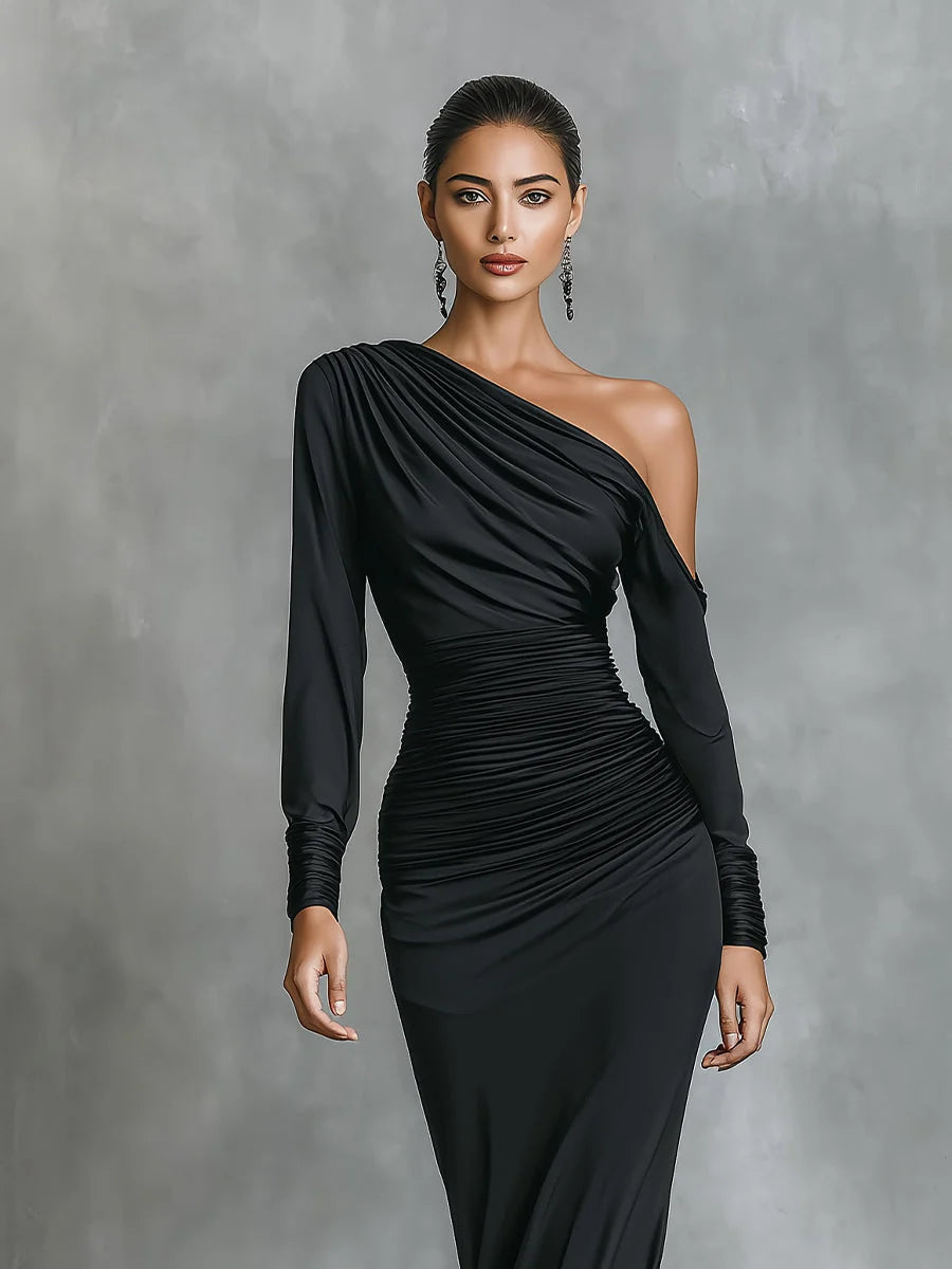 Women's Long Bodycon Dress – Off-Shoulder, Defined Waist