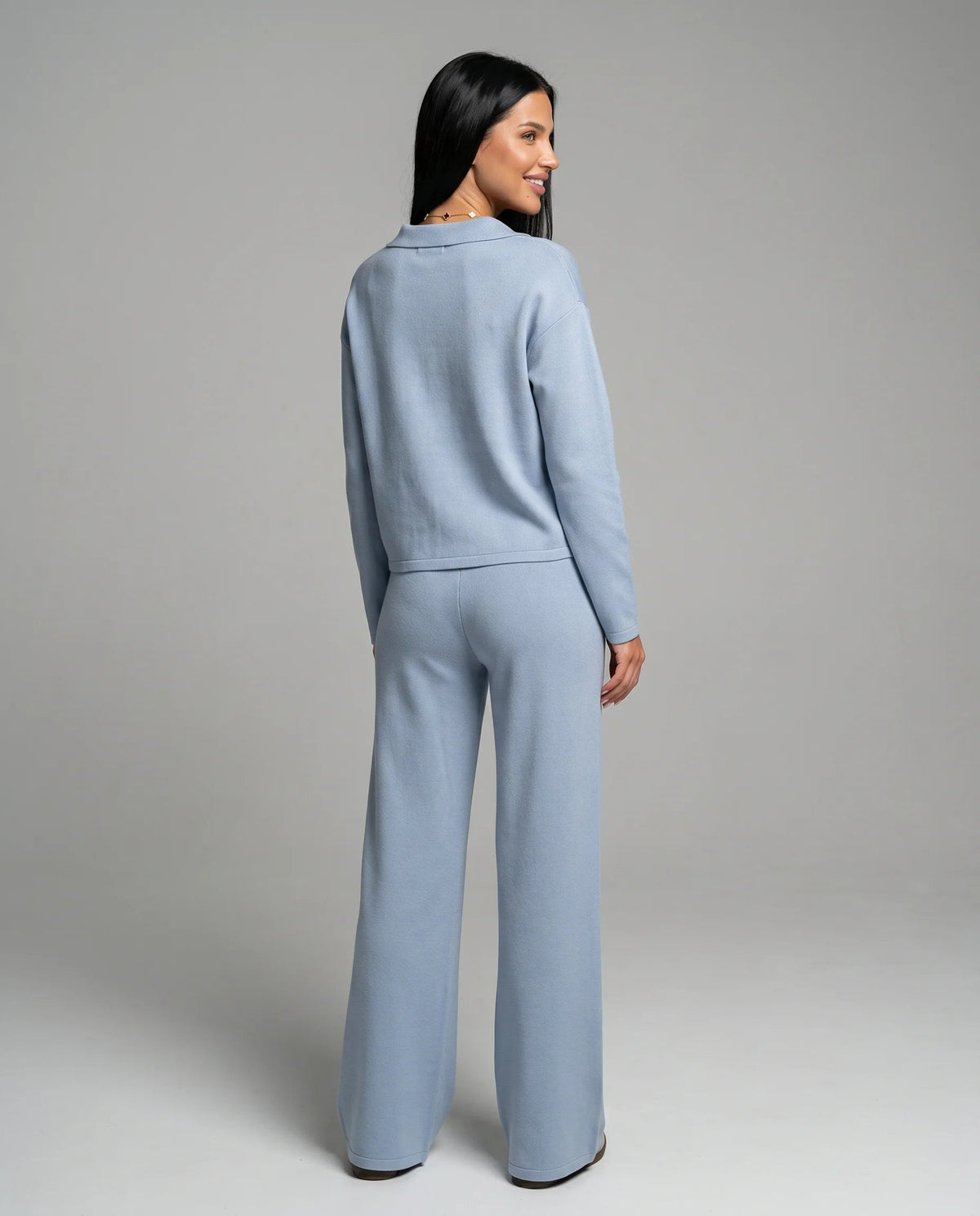 Women's Two-Piece Set – Relaxed V-Neck Top and Wide-Leg Trousers