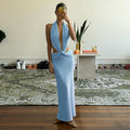 Women's Maxi Backless Dress – Deep V-Neck and Lace-Up Back