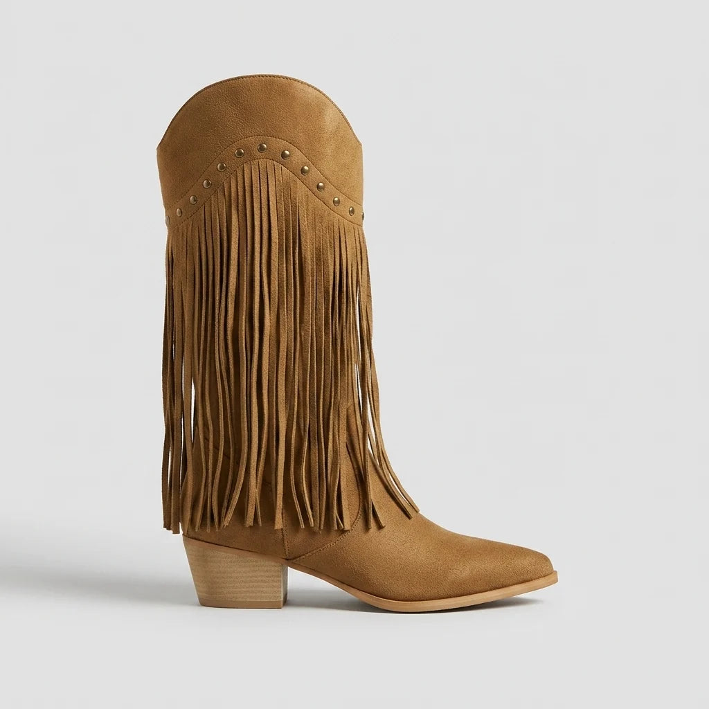 Women's Pointed-Toe High-Top Boots – Stud and Fringe Details