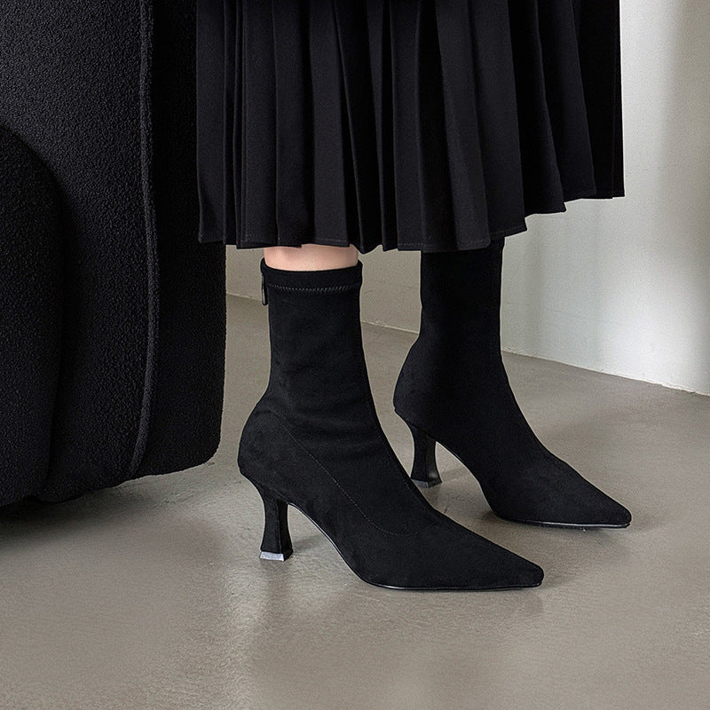 Women's Suede Shaft Ankle Boot – Pointed Toe, Stiletto Heel, Back Zip