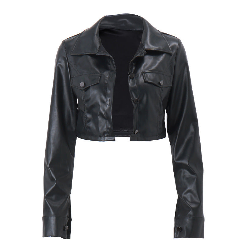 Women's Faux Leather Cropped Jacket – Slim Fit, Buttons