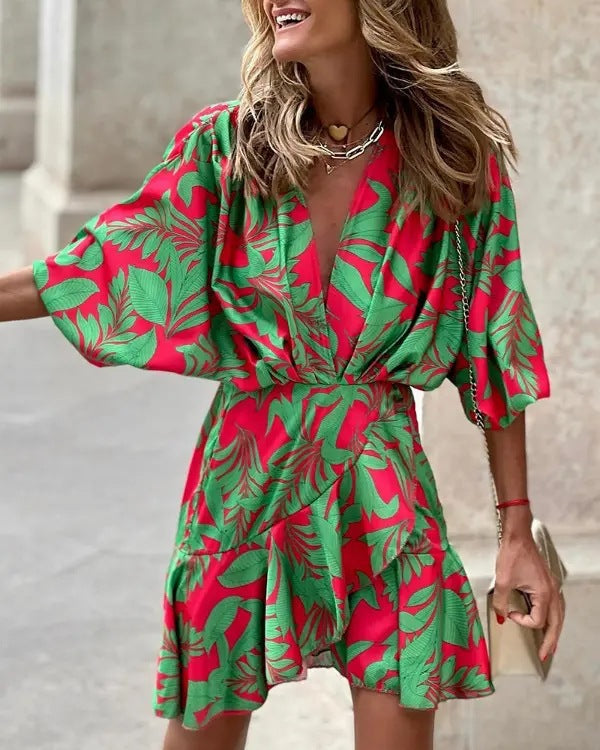 Women's Mini Dress – Puff Sleeves, V-Neckline, Asymmetrical Hem