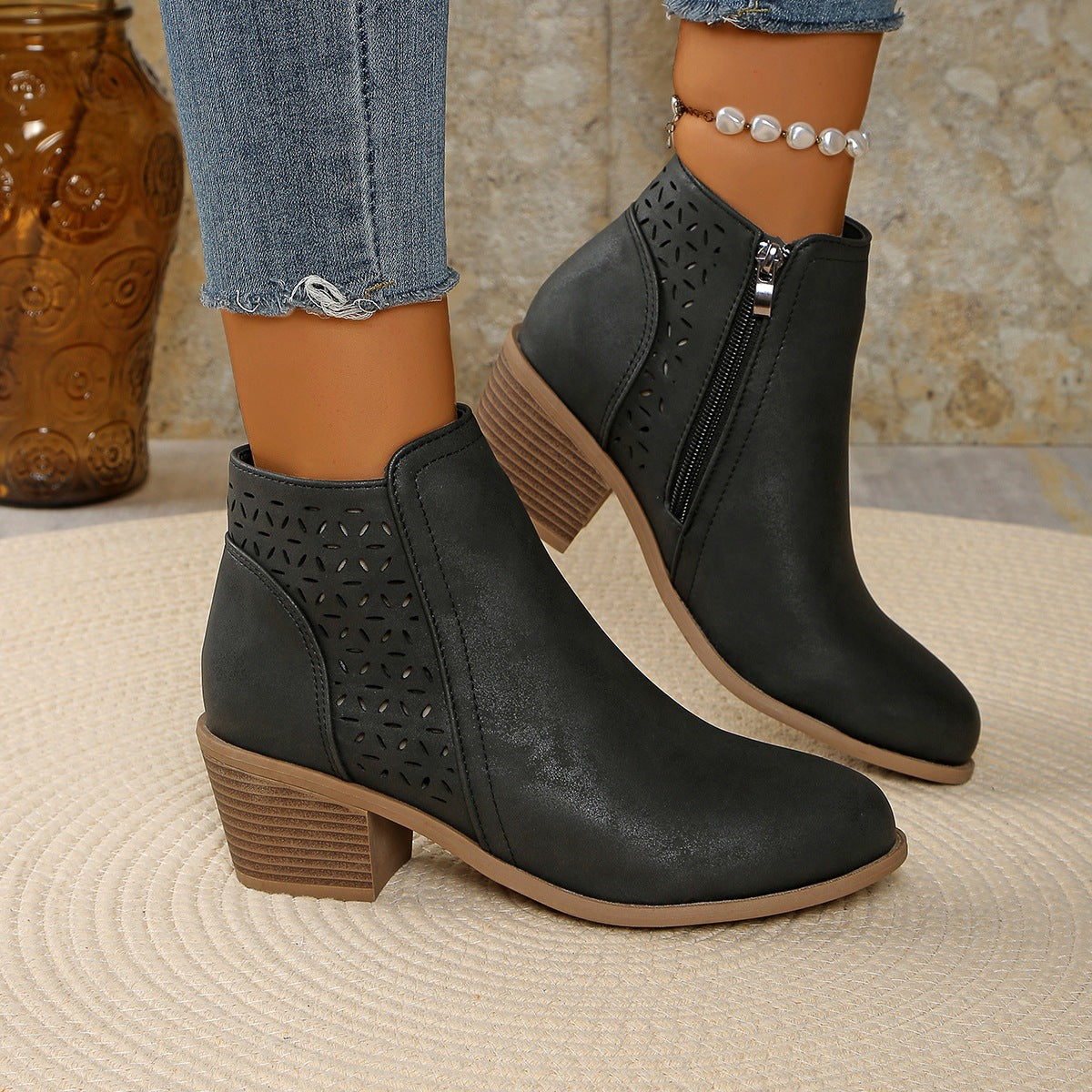 Women's Low-Heel Ankle Boots – Modern Cutouts and Side Zip