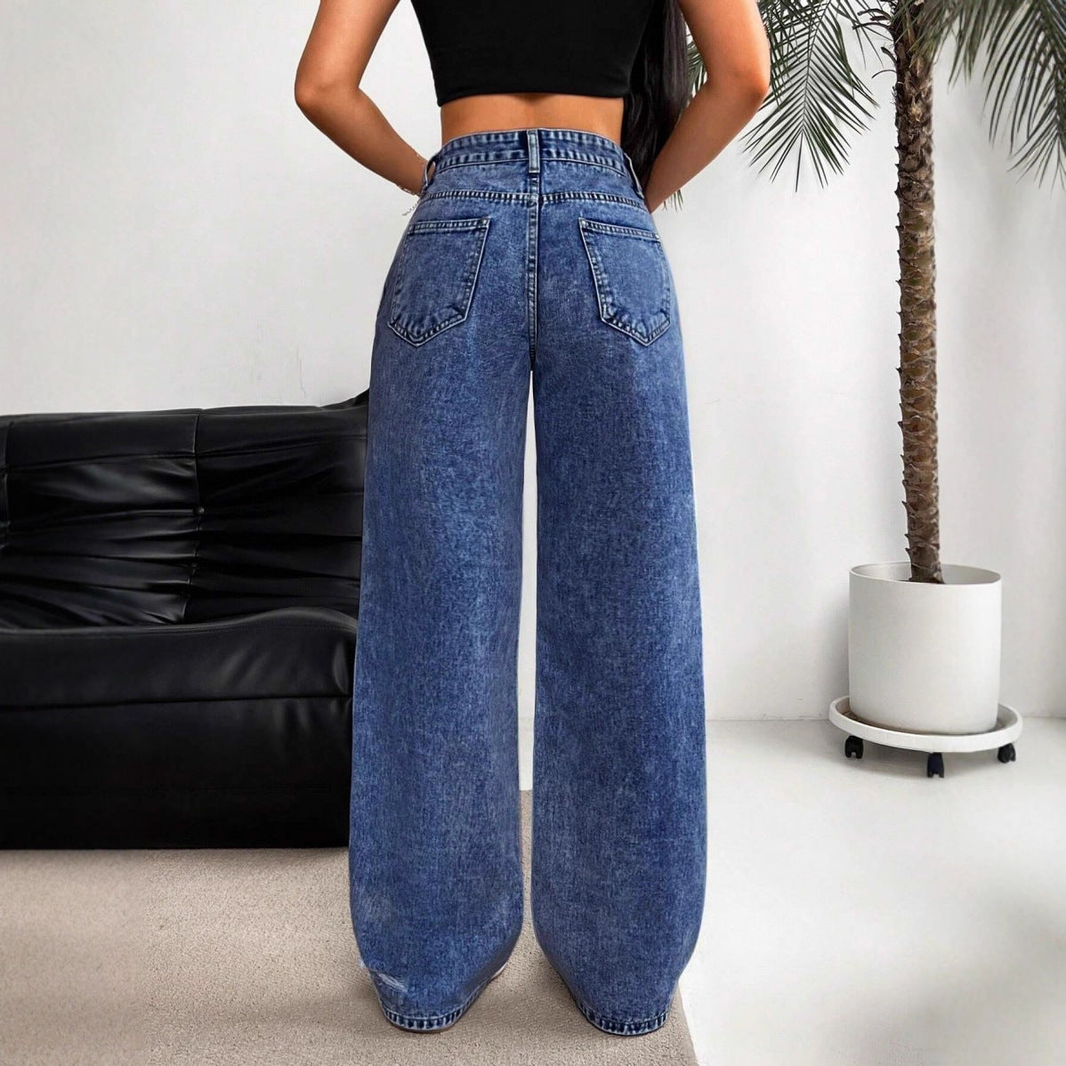Women's High-Waisted Cotton Jeans – Wide Straight-Leg Distressed Fit