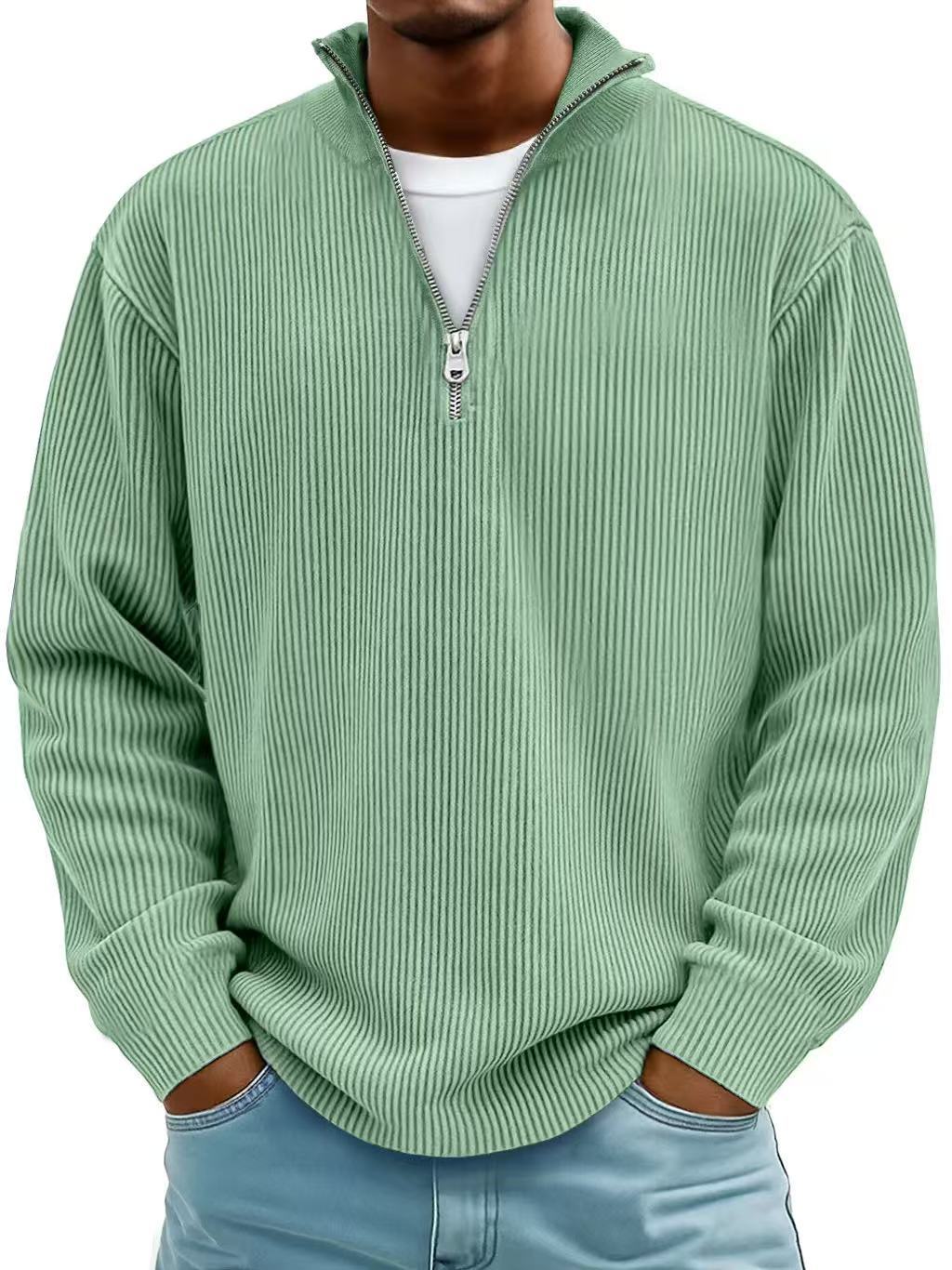 Men's High-Neck Zippered Sweater – Ribbed Knitwear, Versatile Look