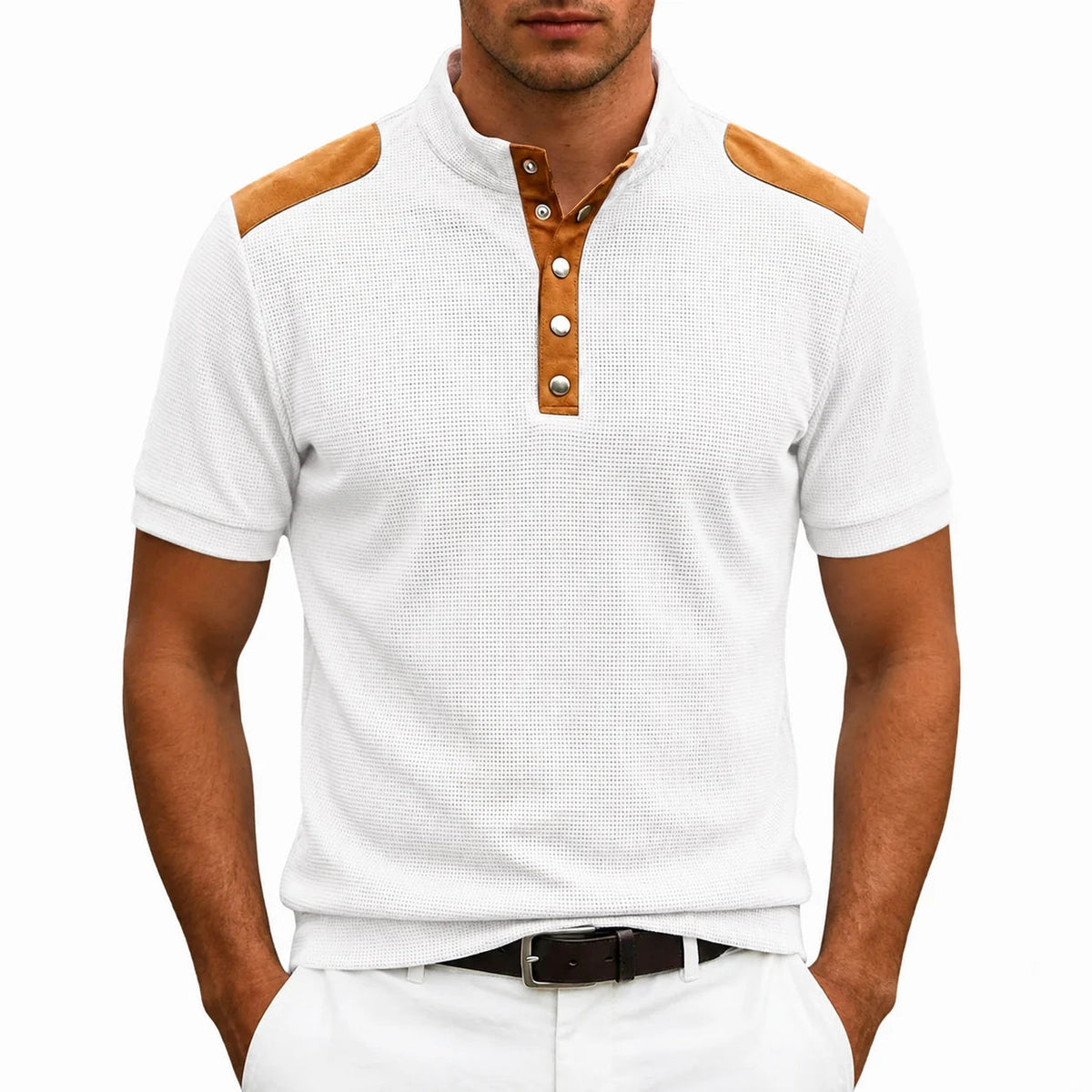 Men's Buttoned Stand-Collar T-shirt – Contrasting Panel Detail