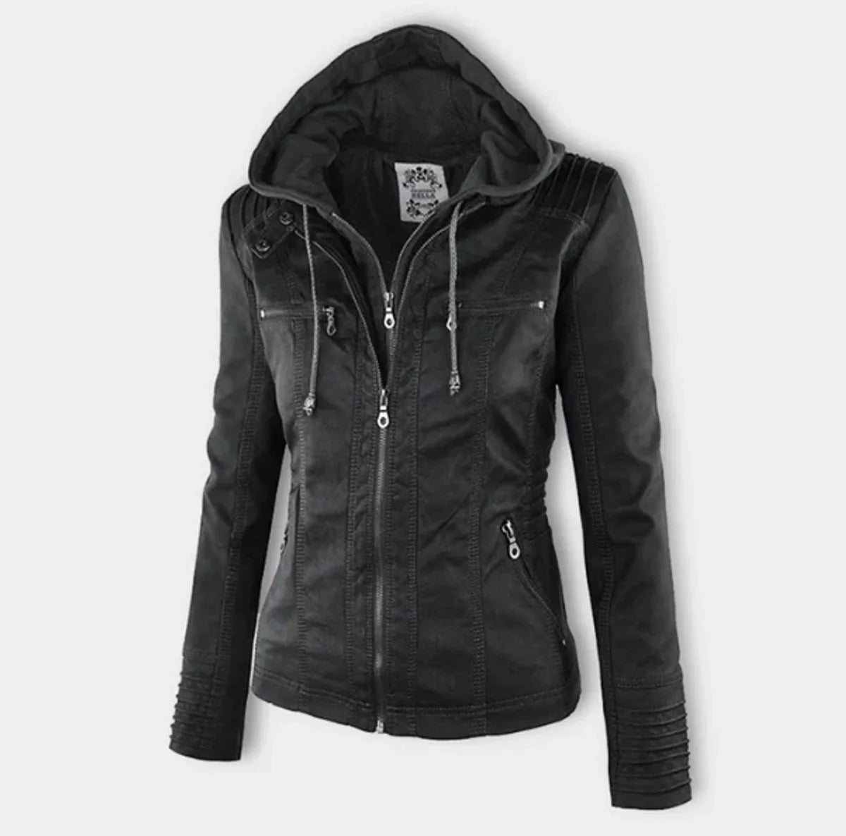 Women's Vegan Motorcycle Jacket - Fitted design with removable hood