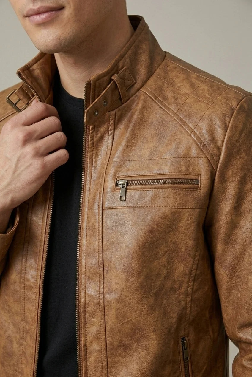 Men's Stand-Collar Jacket – Zipper Closure with Faux-Leather Finish