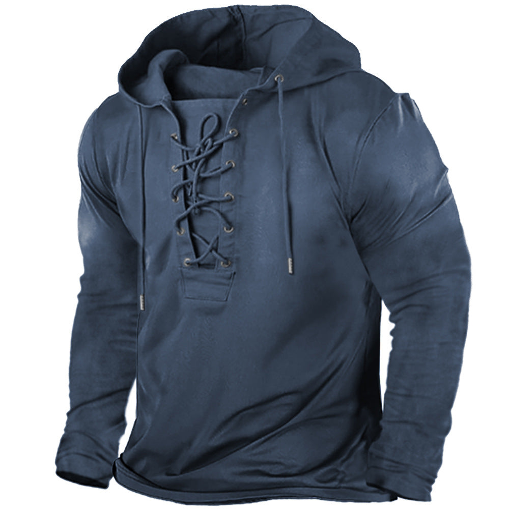 Men's Lace-Up Hooded T-Shirt - Long Sleeves Relaxed Fit