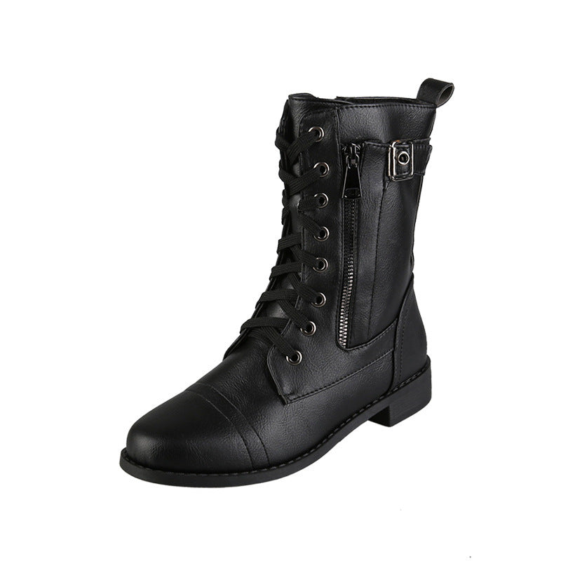 Women's Vegan Leather Lace-Up Boots - Side Zip & Buckle