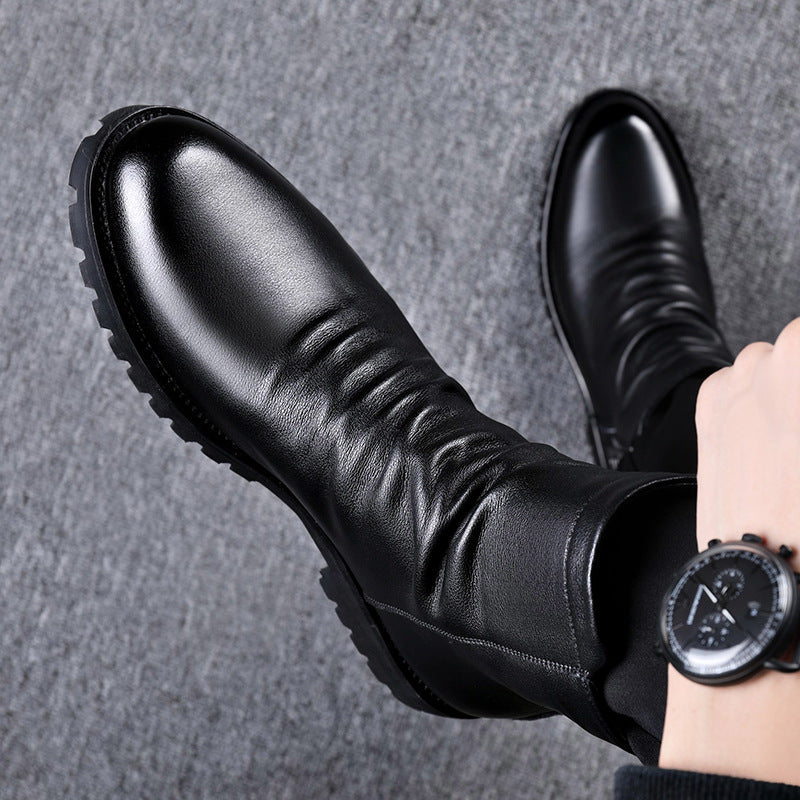 Men's Leather Boots – Patent Finish, Side Zip, Wool Lining